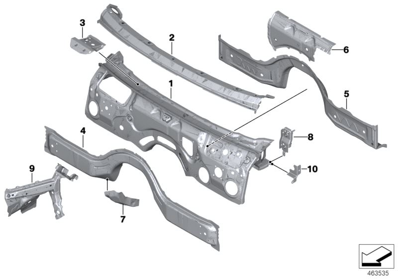 Picture board Splash wall parts for the BMW 5 Series models  Original BMW spare parts from the electronic parts catalog (ETK) for BMW motor vehicles (car)   Attachment, console, transm.carrier,left, Cross member, splash wall, Mount, supporting tube, right
