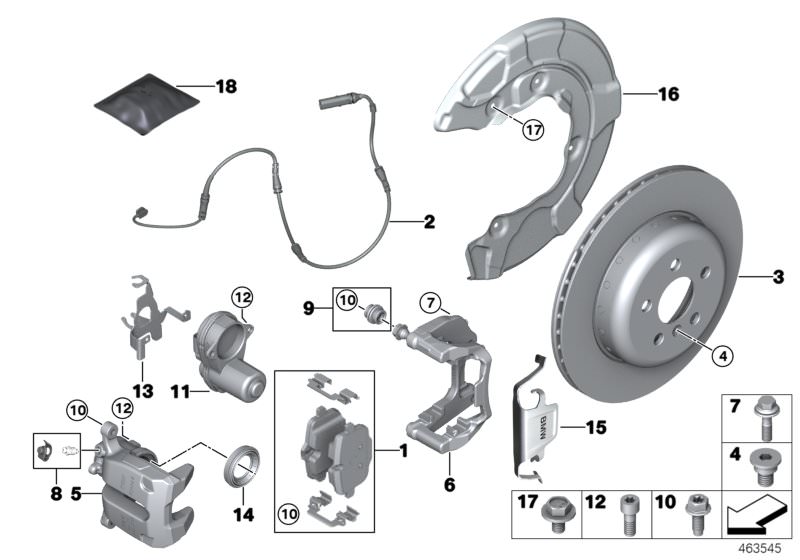 Picture board Rear wheel brake for the BMW 5 Series models  Original BMW spare parts from the electronic parts catalog (ETK) for BMW motor vehicles (car)   BMW design clip, Brake disc, lightweight,ventilated,right, Brake-pad paste, Brake-pad sensor, rear,