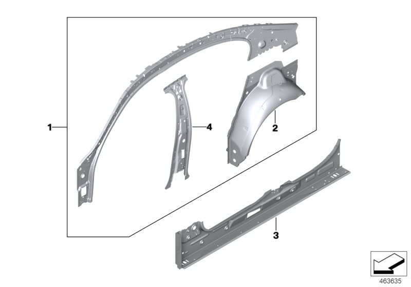 Picture board Side frame, inner for the BMW 7 Series models  Original BMW spare parts from the electronic parts catalog (ETK) for BMW motor vehicles (car)   Frame side member, inner right, Interior left column B, Left interior side frame, Wheel-house inne
