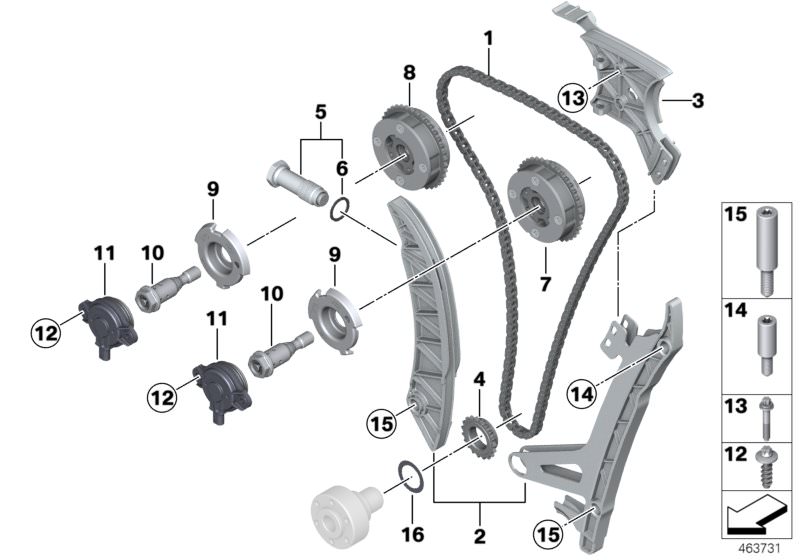 Picture board Timing and valve train-timing chain for the BMW 5 Series models  Original BMW spare parts from the electronic parts catalog (ETK) for BMW motor vehicles (car)   Actuator, Adjustment unit, inlet camshaft, Adjustment unit, outlet camshaft, ASA