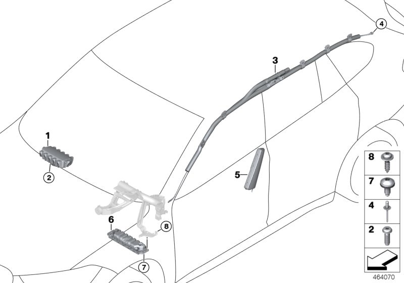 Illustration du Airbag pour les BMW X Série Modèles  Pièces de rechange d'origine BMW du catalogue de pièces électroniques (ETK) pour véhicules automobiles BMW (voiture)   Airbag for front passenger, Blind rivet, Fillister head screw, Head airbag, right, 