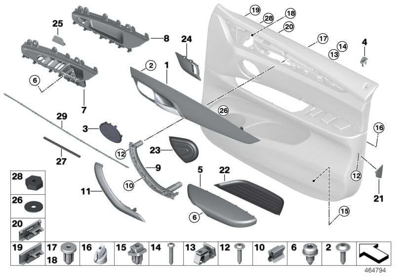 Picture board Mounting parts, door trim panel, front for the BMW X Series models  Original BMW spare parts from the electronic parts catalog (ETK) for BMW motor vehicles (car)   Armrest, left, Carrier, door pull, right, Clamp, Clamp / cable fastener, Cove