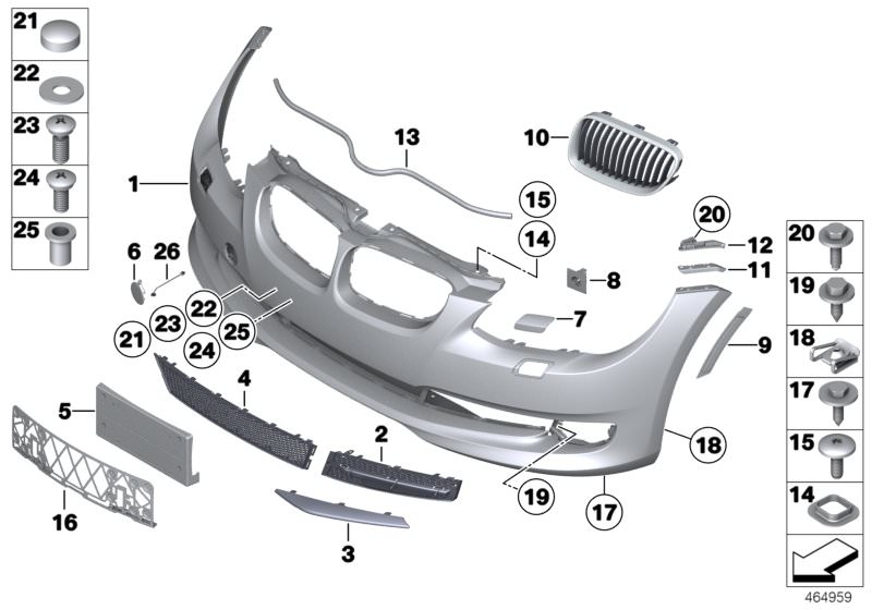 Picture board Trim panel, front for the BMW 3 Series models  Original BMW spare parts from the electronic parts catalog (ETK) for BMW motor vehicles (car)   Blind rivet nut, flat headed, C-clip nut, self-locking, Cover, spray nozzle, primed left, Covering