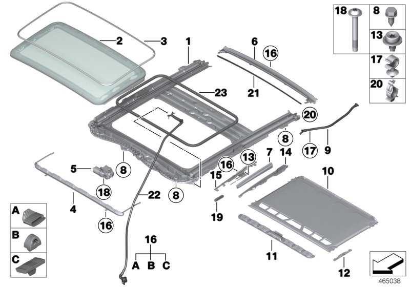 Picture board Lift-up-and-slide-back sunroof for the BMW 3 Series models  Original BMW spare parts from the electronic parts catalog (ETK) for BMW motor vehicles (car)   Border, slide/tilt sunroof, Bump stop kit, Circul.sliding/lifting roof cover gasket, 