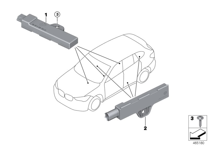 Picture board Single parts, aerial, comfort access for the BMW X Series models  Original BMW spare parts from the electronic parts catalog (ETK) for BMW motor vehicles (car)   External aerial, Comfort Access, Interior aerial, comfort access, Oval-head scr