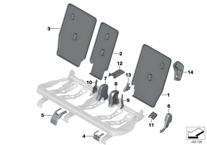 Picture board Seat, rear, seat trims for the BMW 2 Series models  Original BMW spare parts from the electronic parts catalog (ETK) for BMW motor vehicles (car)   Cover right, Trim backrest, left, Trim backrest, right, Trim panel, backrest, middle, Trim, b
