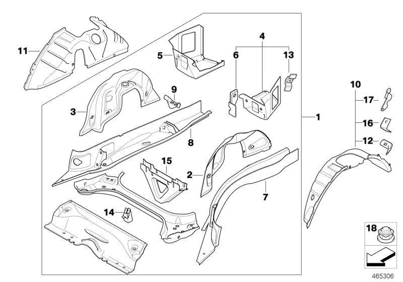 Picture board FLOOR PARTS REAR EXTERIOR for the BMW 1 Series models  Original BMW spare parts from the electronic parts catalog (ETK) for BMW motor vehicles (car)   AUDIO UNIVERSAL BRACKET, Bracket CD-changer, Bracket for centre tension strut, Bracket, op