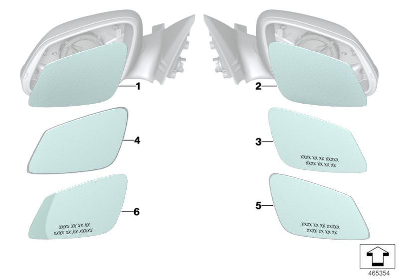 Illustration du MIRROR GLASS pour les BMW X Série Modèles  Pièces de rechange d'origine BMW du catalogue de pièces électroniques (ETK) pour véhicules automobiles BMW (voiture)   Mirror glas, wide-angle, left, Mirror glas, wide-angle, right, Mirror glass, 