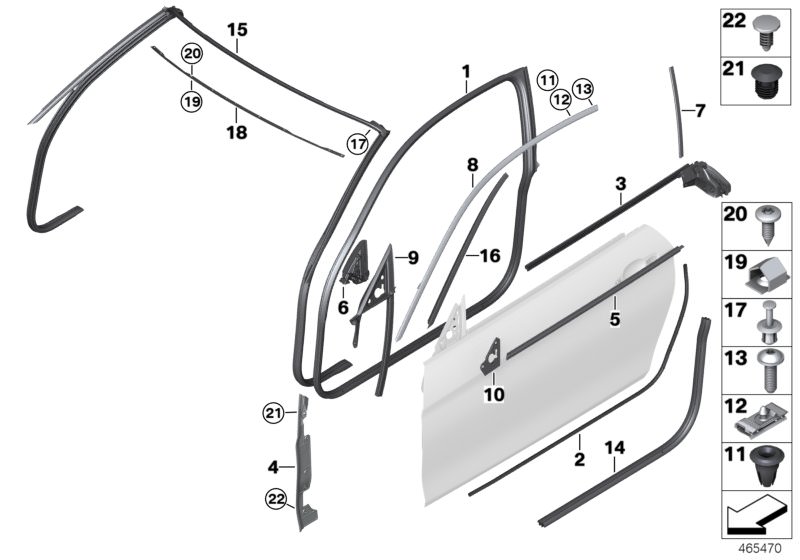 Picture board Trims and seals, door, front for the BMW 4 Series models  Original BMW spare parts from the electronic parts catalog (ETK) for BMW motor vehicles (car)   Channel sealing, door right, Clip, roof frame strip, Corner moulding, right, Fillister 