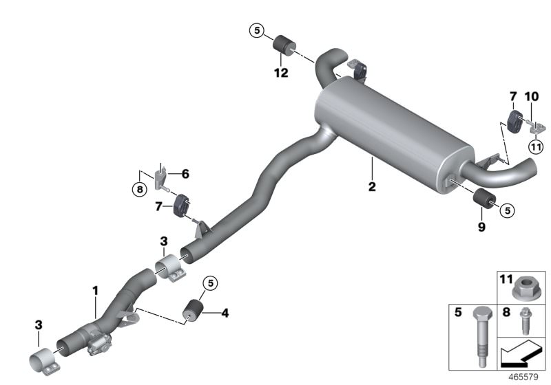 Picture board Exhaust system, rear for the BMW 7 Series models  Original BMW spare parts from the electronic parts catalog (ETK) for BMW motor vehicles (car)   Bracket, rear silencer, rear right, Clamping bush, Collar nut, Collar screw, Hex Bolt, Low-pres