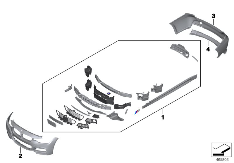 Illustration du Necessaire kit aerodynamique M pour les BMW 3 Série Modèles  Pièces de rechange d'origine BMW du catalogue de pièces électroniques (ETK) pour véhicules automobiles BMW (voiture) 