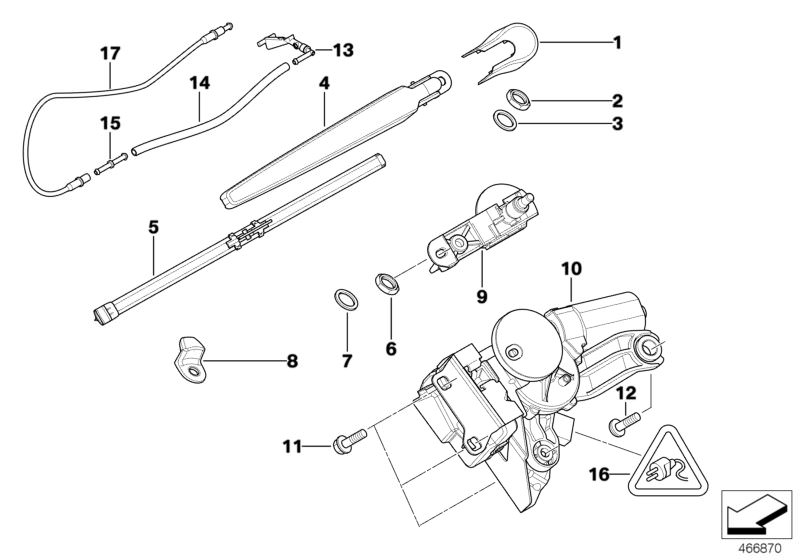 Picture board SINGLE PARTS FOR REAR WINDOW WIPER for the BMW 3 Series models  Original BMW spare parts from the electronic parts catalog (ETK) for BMW motor vehicles (car)   Connection piece, Gasket, Hex nut, Hose line, Metal tube, corrugated, Rear washer