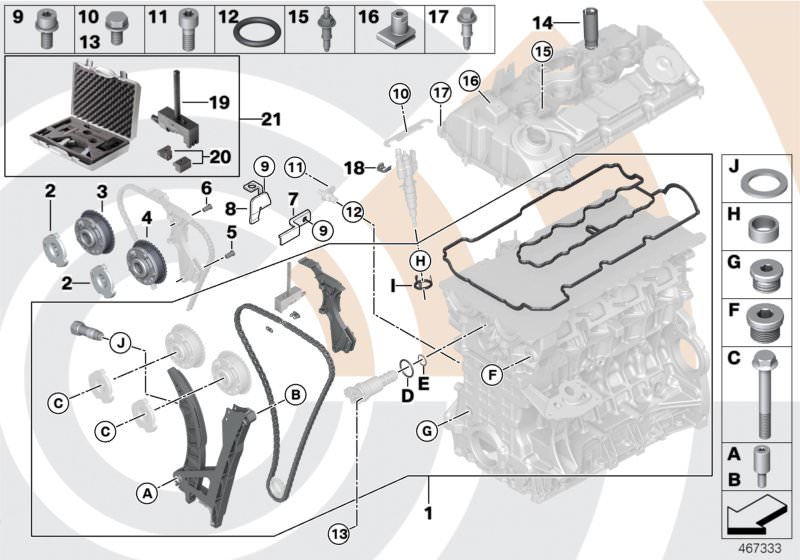 Picture board Repair kit, open timing chain, top for the BMW 1 Series models  Original BMW spare parts from the electronic parts catalog (ETK) for BMW motor vehicles (car)   Adjustment unit, inlet camshaft, Adjustment unit, outlet camshaft, Basic body, Cl