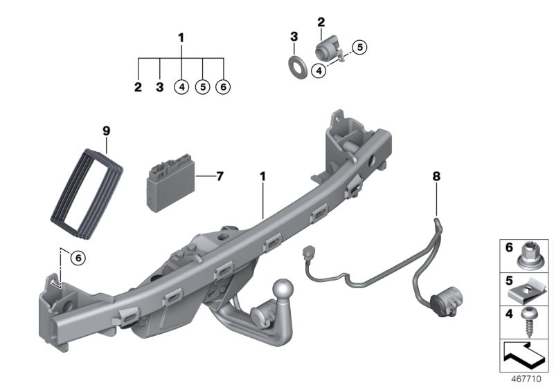 Picture board Trailer tow hitch, electrically pivoted for the BMW 5 Series models  Original BMW spare parts from the electronic parts catalog (ETK) for BMW motor vehicles (car)   Body nut, Bracket, switch, trailer coupling, Combi. fillister head self-tapp