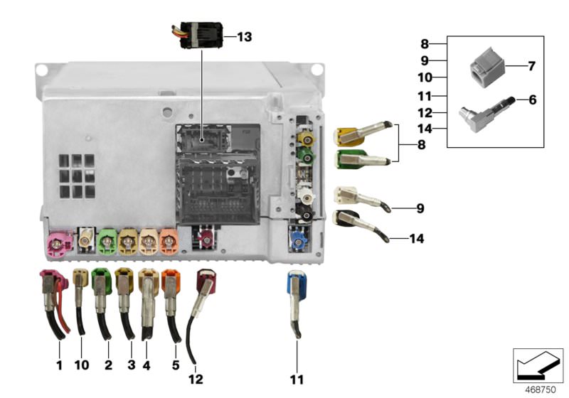 Picture board Rep.- wiring harn.assort.Head Unit High for the BMW 5 Series models  Original BMW spare parts from the electronic parts catalog (ETK) for BMW motor vehicles (car)   Connecting line Headunit High - CID, HF socket contact, angled, HF socket ho