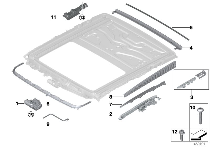 Picture board Single parts for sliding lifting roof for the BMW 7 Series models  Original BMW spare parts from the electronic parts catalog (ETK) for BMW motor vehicles (car)   Drip moulding, Drive, sliding sunroof, Emergency tool electr.sliding roof, Fil