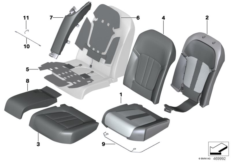 Picture board Seat, rear,cushion, & cover,comfort seat for the BMW 7 Series models  Original BMW spare parts from the electronic parts catalog (ETK) for BMW motor vehicles (car)   Bar right, Clamp, Cover, comf.backrest, A/C leather, right, Cover, comfort 