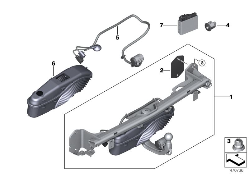 Picture board Trailer tow hitch, electrically pivoted for the BMW 5 Series models  Original BMW spare parts from the electronic parts catalog (ETK) for BMW motor vehicles (car)   Control unit, trailer tow hitch, Gaiter with frame, Gasket, Hex nut, Repair 
