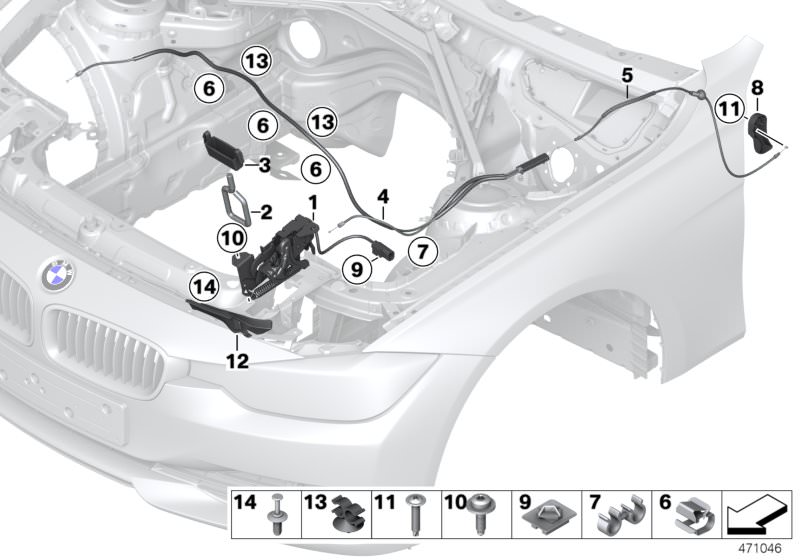 Picture board Engine bonnet, closing system for the BMW 3 Series models  Original BMW spare parts from the electronic parts catalog (ETK) for BMW motor vehicles (car)   Bowden cable, bonnet, rear, Bowden cable, engine comp. lid, rear, Bracket, plug connec