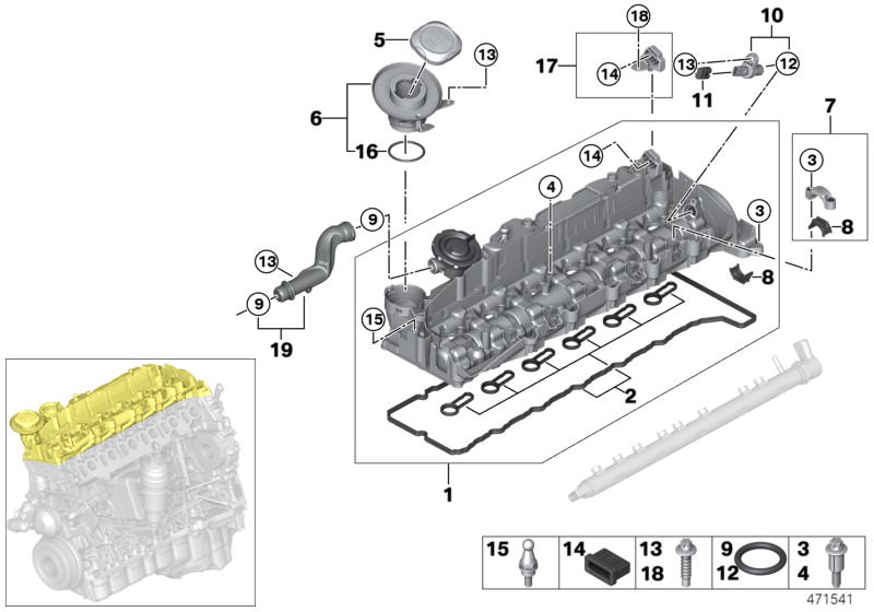 Picture board Cylinder head cover for the BMW 5 Series models  Original BMW spare parts from the electronic parts catalog (ETK) for BMW motor vehicles (car)   ASA-Bolt, Camshaft sensor, Cylinder head cover, Decoupling element, Gasket set, cylinder head co