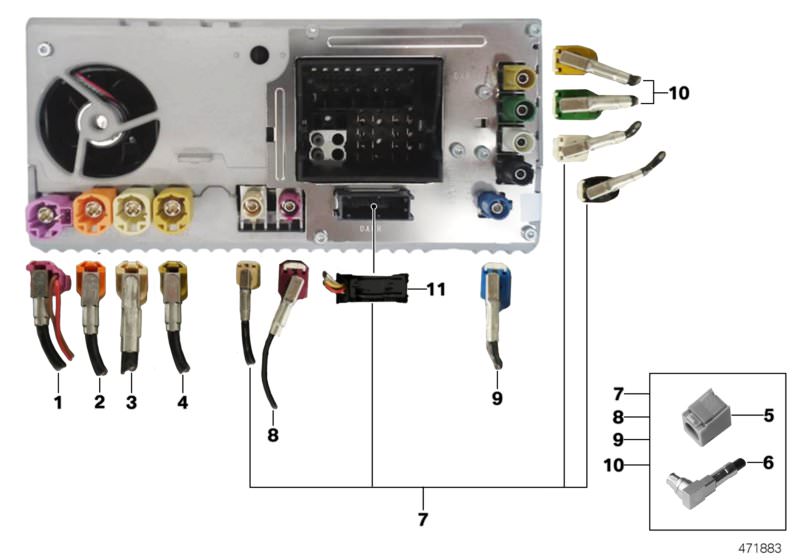 Picture board Rep.- wiring harn.assort.Head Unit High for the BMW 5 Series models  Original BMW spare parts from the electronic parts catalog (ETK) for BMW motor vehicles (car)   Connecting line Head Unit / KOMBI, Connecting line Headunit High - CID, HF s