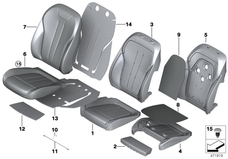 Picture board Seat, front, cushion and cover for the BMW 6 Series models  Original BMW spare parts from the electronic parts catalog (ETK) for BMW motor vehicles (car)   Clamp, Cover for comfort backrest,leather left, Cover, comf. backrest, A/C leather, l