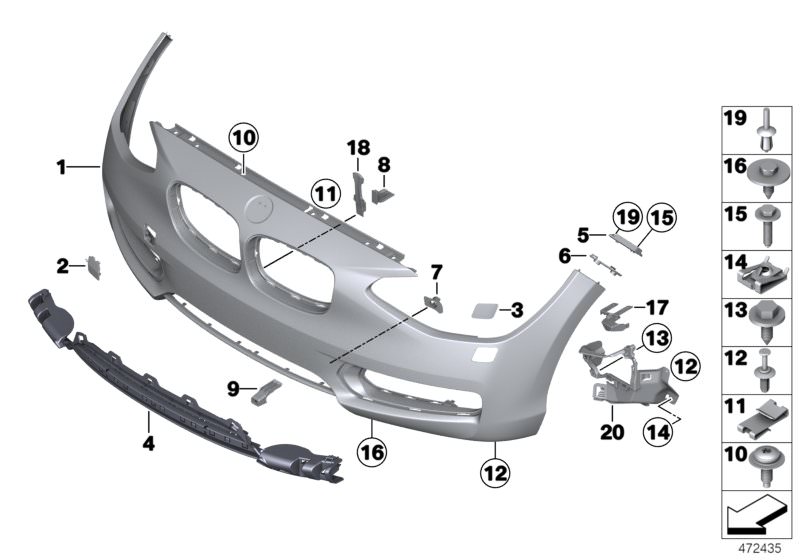 Picture board Trim panel, front for the BMW 1 Series models  Original BMW spare parts from the electronic parts catalog (ETK) for BMW motor vehicles (car)   Bumper panel, Lines, primed, front, C-clip nut, Cover, spray nozzle, primed right, Expanding rivet