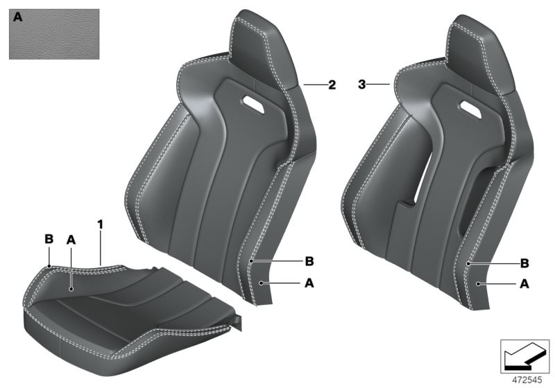 Picture board Individual sports seat cover, front for the BMW 4 Series models  Original BMW spare parts from the electronic parts catalog (ETK) for BMW motor vehicles (car)   Leather cover sport backrest right, Sports seat cover leather