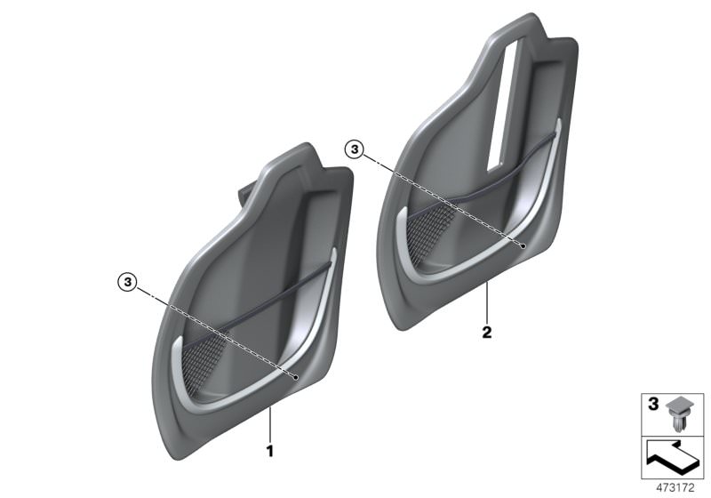 Picture board Set, front, backrest trims for the BMW X Series models  Original BMW spare parts from the electronic parts catalog (ETK) for BMW motor vehicles (car)   Clip, Rear panel with net bag