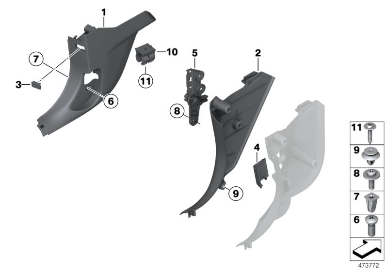 Picture board TRIM PANEL LEG ROOM for the BMW 4 Series models  Original BMW spare parts from the electronic parts catalog (ETK) for BMW motor vehicles (car)   Clip, Combination bracket, Cover OBD, Cover, button, Expanding nut, Lateral trim panel front lef