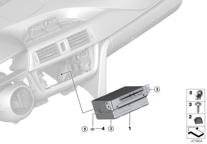 Picture board Headunit High 2 for the BMW 4 Series models  Original BMW spare parts from the electronic parts catalog (ETK) for BMW motor vehicles (car)   Bump stop, Clip, Compensating element, Exchange Headunit High 2, Oval-head screw with washer