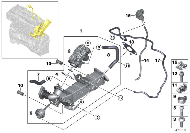 Picture board Emission reduction cooling for the BMW 3 Series models  Original BMW spare parts from the electronic parts catalog (ETK) for BMW motor vehicles (car)   Clip, Coolant hose, feed, Coolant hose, return, EGR-VALVE, Electric valve, exhaust cooler