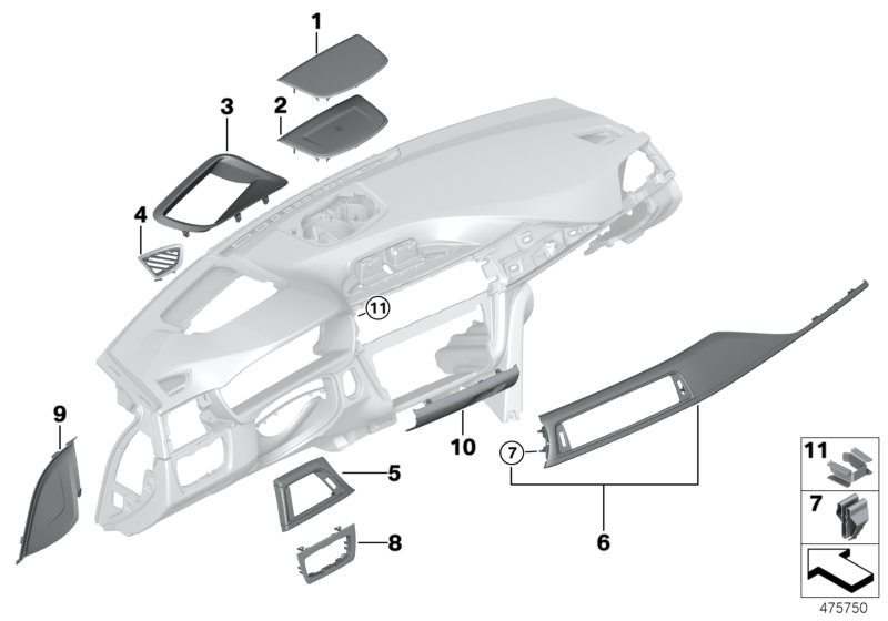 Picture board Mounting parts, instrument panel, top for the BMW 3 Series models  Original BMW spare parts from the electronic parts catalog (ETK) for BMW motor vehicles (car)   Clamp, Cover, light control unit, Cover, side window defroster, right, Fixing 