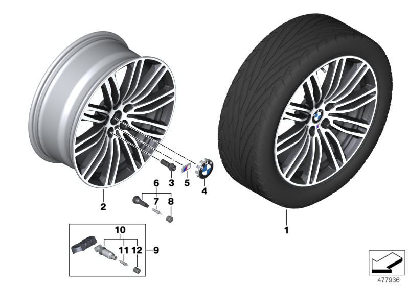 Picture board BMW LA wheel double spoke 664M - 19´´ for the BMW 5 Series models  Original BMW spare parts from the electronic parts catalog (ETK) for BMW motor vehicles (car)   Disc wheel, light alloy, Orbitgrey, Hub cap with chrome edge, M badge, Repair 