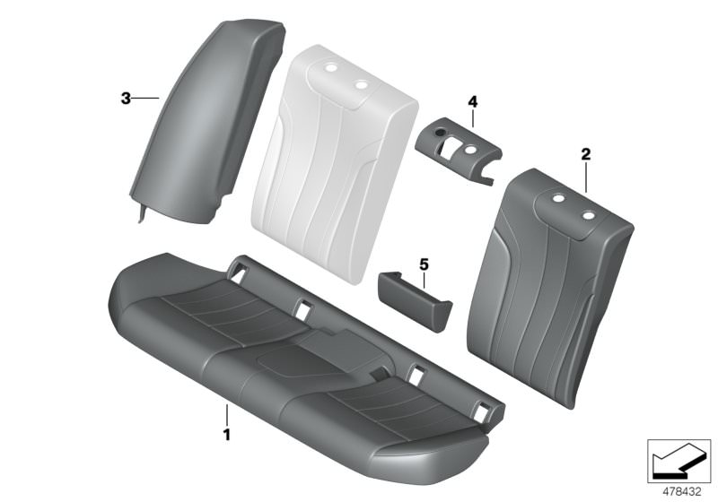 Picture board Rear seat upholstery and cover Lines for the BMW 5 Series models  Original BMW spare parts from the electronic parts catalog (ETK) for BMW motor vehicles (car)   Cover backrest, leather, Cover, backrest, middle, leather, bottom, Cover, backr