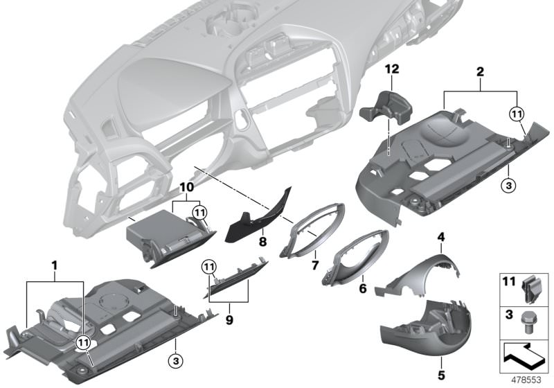 Picture board Mounting parts, instrument panel, bottom for the BMW 2 Series models  Original BMW spare parts from the electronic parts catalog (ETK) for BMW motor vehicles (car)   Absorber for steering shaft collar, Clamp, Folding box, driver´s side, Gap 