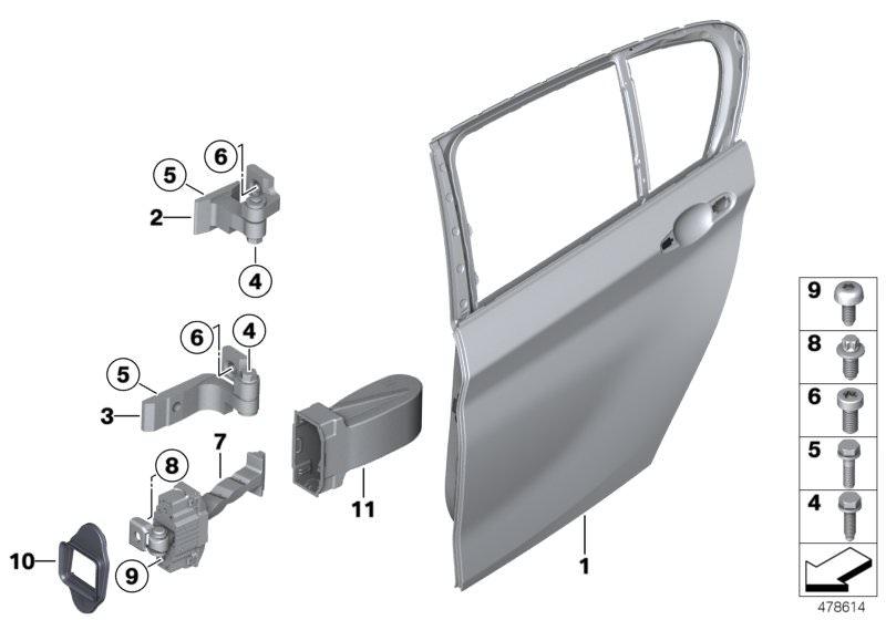 Picture board Rear door - hinge/door brake for the BMW 1 Series models  Original BMW spare parts from the electronic parts catalog (ETK) for BMW motor vehicles (car)   Door brake, rear right, Door, rear left, Hexagon screw with flange, Hexagon screw with 