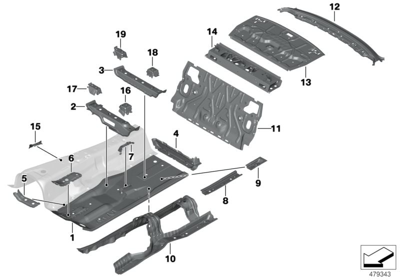Picture board Partition trunk/Floor parts for the BMW 5 Series models  Original BMW spare parts from the electronic parts catalog (ETK) for BMW motor vehicles (car)   Att.part seat console front inner right, Att.part seat console front outer right, Att.pa