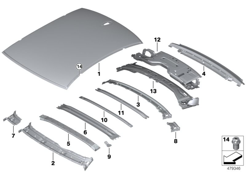 Picture board Roof for the BMW 5 Series models  Original BMW spare parts from the electronic parts catalog (ETK) for BMW motor vehicles (car)   Connection, cowl panel, lateral right, Connection, rear-window frame, top left, Holder, EMC, side, Rear roof bo