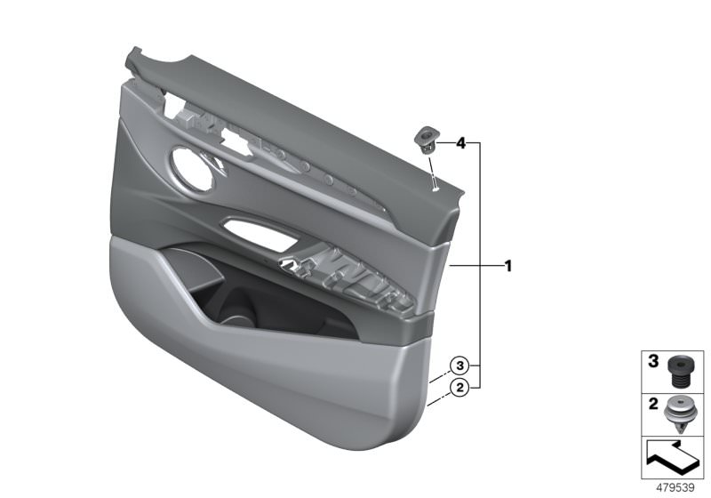 Picture board Door trim panel, front for the BMW X Series models  Original BMW spare parts from the electronic parts catalog (ETK) for BMW motor vehicles (car)   Clip with washer, natur, Cover, locking button, Door trim panel, front left, Stop buffer