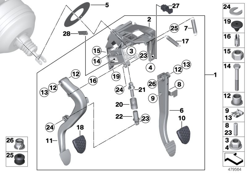 Picture board Pedal assy w over-centre helper spring for the BMW 3 Series models  Original BMW spare parts from the electronic parts catalog (ETK) for BMW motor vehicles (car)   Brake pedal, Brake pedal pin, Bush bearing, Circlip, Clutch pedal, Clutch ped