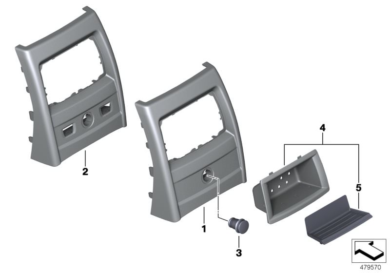 Picture board Mounting parts, centre console, rear for the BMW 3 Series models  Original BMW spare parts from the electronic parts catalog (ETK) for BMW motor vehicles (car)   Covering rear, Rubber insert, oddments tray rear, Stopper plug-in socket, Stora