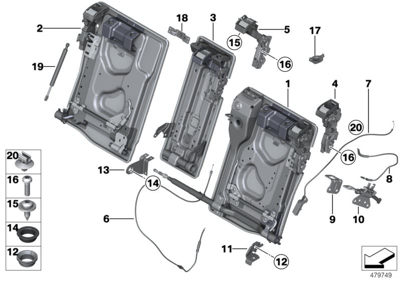 Picture board Seat, rear, seat frame for the BMW 5 Series models  Original BMW spare parts from the electronic parts catalog (ETK) for BMW motor vehicles (car)   Backrest frame, left, Backrest frame, middle, Backrest frame, right, Bearing exterior right, 