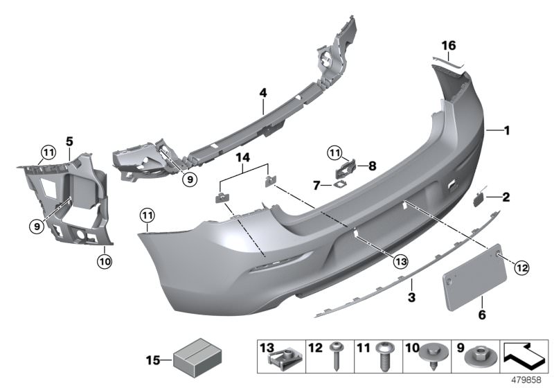 Picture board Trim panel, rear for the BMW 1 Series models  Original BMW spare parts from the electronic parts catalog (ETK) for BMW motor vehicles (car)   Clip nut, Combination nut, Cover, towing eye, primed, rear, Fillister head screw, Fillister head se