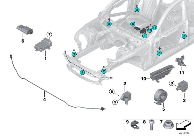 Illustration du Pièces électriques d`airbag pour les BMW 7 Série Modèles  Pièces de rechange d'origine BMW du catalogue de pièces électroniques (ETK) pour véhicules automobiles BMW (voiture)   Accelerating sensor, Clip for sheet metal nut, Control unit ai