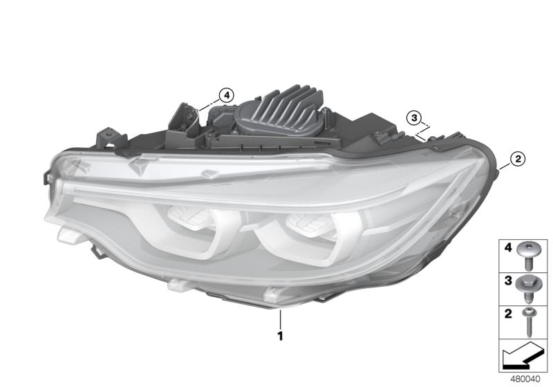 Picture board Headlight for the BMW 4 Series models  Original BMW spare parts from the electronic parts catalog (ETK) for BMW motor vehicles (car)   Countersunk screw, Headlight LED, AHL, left, Self-locking hex bolt, Torx screw with washer