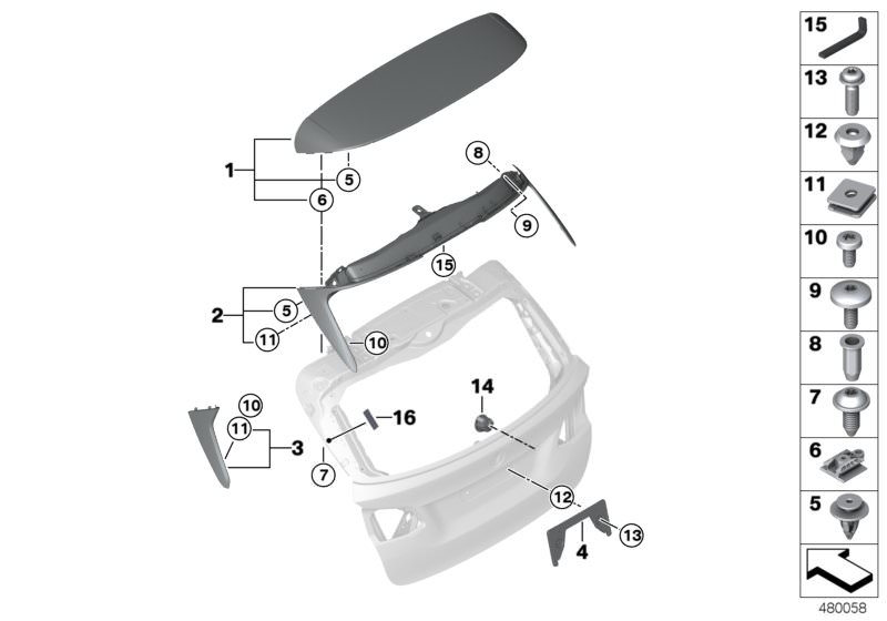 Picture board Rear lid, mounting parts for the BMW 2 Series models  Original BMW spare parts from the electronic parts catalog (ETK) for BMW motor vehicles (car)   Blind rivet nut, flat headed, CAGE NUT, Clip, Countersunk screw, Damping strip, Expanding n