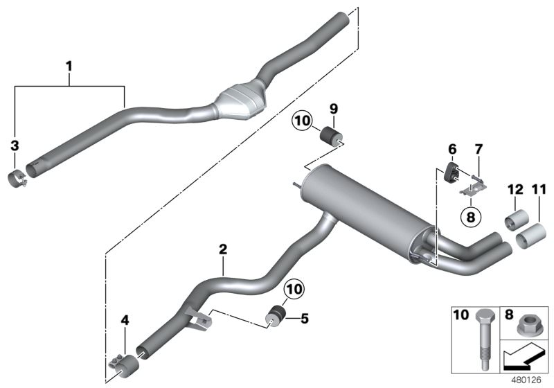 Picture board Exhaust system, rear for the BMW 4 Series models  Original BMW spare parts from the electronic parts catalog (ETK) for BMW motor vehicles (car)   Bracket, rear silencer right, CLAMPING BUSH, Collar screw, Exchange catalyst, Hex nut, Muffler 