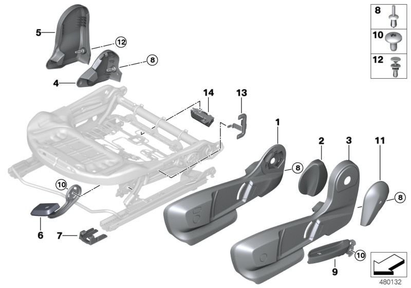 Picture board SEAT FRONT SEAT COVERINGS for the BMW 2 Series models  Original BMW spare parts from the electronic parts catalog (ETK) for BMW motor vehicles (car)   Cover, left control, Cover, right control, Covering cap, seat rail, Expanding rivet, Handl