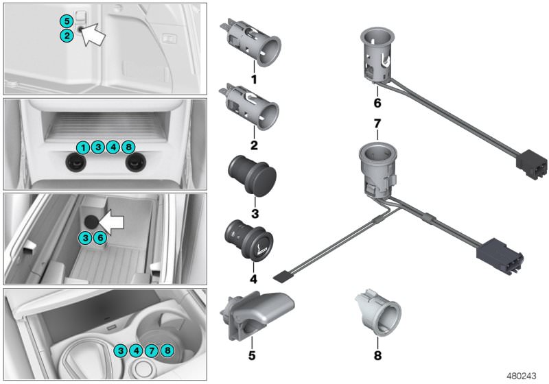 Illustration du Allume-cigares / prises pour les BMW 5 Série Modèles  Pièces de rechange d'origine BMW du catalogue de pièces électroniques (ETK) pour véhicules automobiles BMW (voiture)   Illuminated ring, transparent, Lighter element, Plug-in socket, So